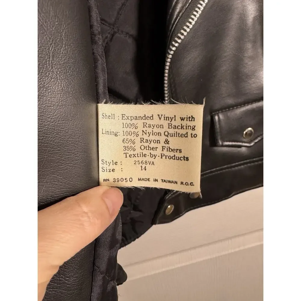 Vintage VIP Collection Kids Black Vinyl Moto Biker Jacket Size 14